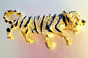 Vintage signierte Hattie Carnegie Tiger Brosche schwarz Emaille klare Strasssteine G.T. - Bild 1 von 13