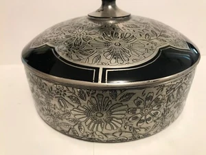BLACK GLASS, SILVER OVERLAY, FLORAL, FLOWERS, 3 PART COVERED CANDY, ELEGANT DG - Picture 1 of 12