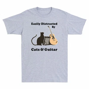 By Shirt Men's Novelty T Funny Tee Cats and Black Distracted Easily Guitar Cat - Picture 1 of 7