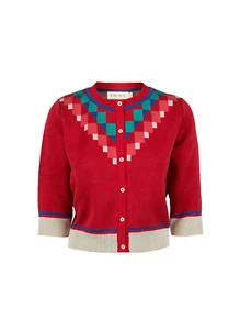 Palava Vera Organic Cotton 3/4 Sleeve Cardigan Red Mexican Terrace Jacquard - Picture 1 of 13