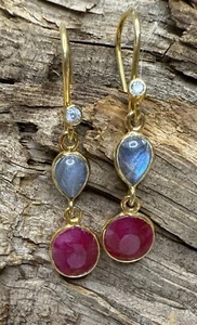 Ruby & Moonstone & 14k Gold Plated Drop Earrings - Picture 1 of 5