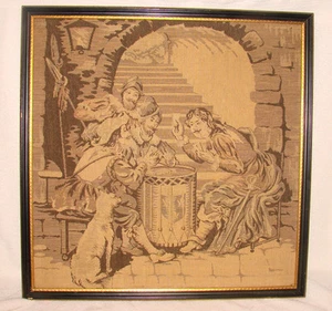 Antique French Framed Tapestry 19"x19" Jesters Card Players Drum Dog Puffy Nice - Picture 1 of 6