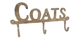 Cast Wrought Iron Coat Rack Hanger "Coats" Wall Mounted 3 Hooks Shabby Cottage - Picture 1 of 4