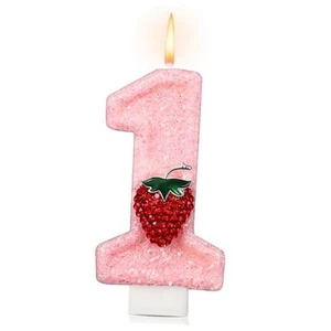 Strawberry 1 Candle for First Birthday Pink Candle Pink, Red, Green Number 1 - Picture 1 of 7