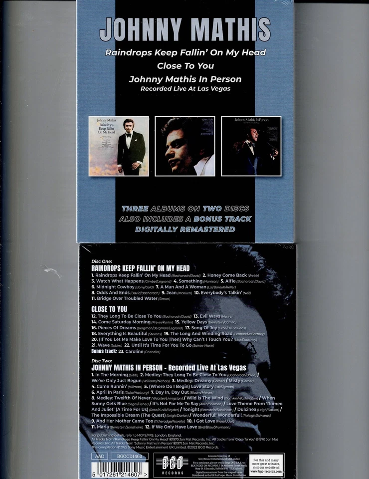 JOHNNY MATHIS - RAINDROPS FALLIN/CLOSE TO YOU/LIVE @LV (2CD 2022) NEW*35 TRACKS* - Image 1 of 1
