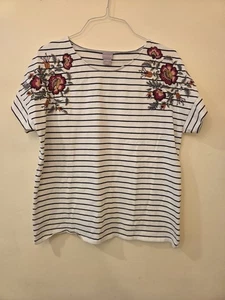 Chicos White Top, Black Stripes, & Floral Embroidered Shoulders, Sz 2R (Large) - Picture 1 of 6