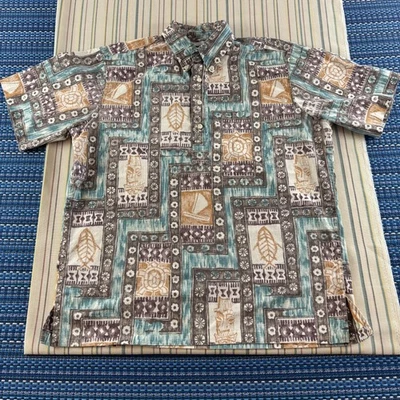 Camisa Reyn Spooner Para Hombres Mediana Verde Azulado Marrón Tiki Aloha Hawaiana Hecha en Hawaiana Foto 1 de 4