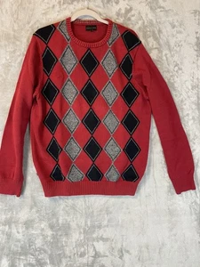 Geoffrey Beene Sweater Mens Large Red Black Gray Argyle Pullover Preppy Knit - Picture 1 of 11
