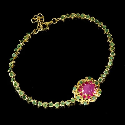 925 Sterling Silver Bracelet Oval Ruby 8x6mm Emerald Gemstone Jewelry 8 Inches - Image 1 of 4