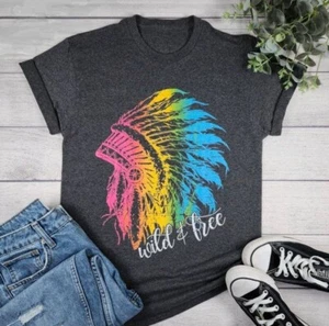 WOMEN'S NATIVE AMERICAN T-SHIRT - Dark Gray "Wild & Free" Headdress - Unisex Fit - Picture 1 of 1