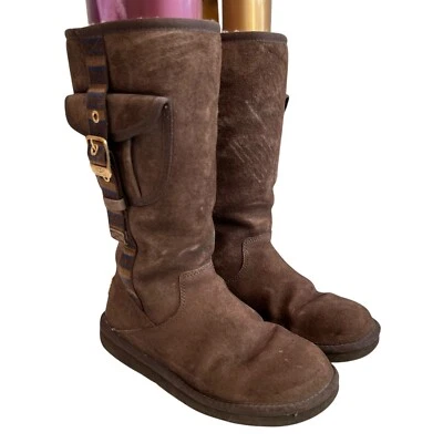 UGG Retro Cargo boots US womens 6 brown shearling mid calf tall striped buckle - Image 1 of 4