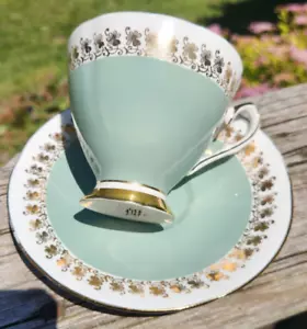 Elizabethan Gilt Bone China Cup & Saucer Aqua Green Taylor & Kent England - Picture 1 of 3