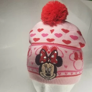 Disney Girls Minnie Mouse Pom Hat Set Pink Gray Toddler Cold Weather 2-5 - Picture 1 of 7