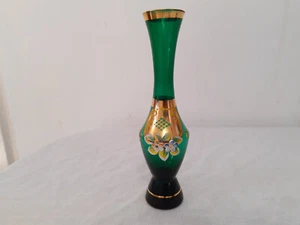 Vintage Murano Vase Italian Art Glass Green & Gold Gilt Flower Vase Thin Vase - Picture 1 of 8