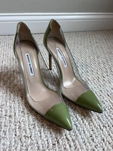 Manolo Blahnik BB Green Patent Leather Pacha Clear PVC Patent Pump Shoe 39.5 8 - Picture 1 of 5
