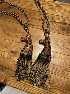 Leather Giraffe Head Gold Black Tassel Cord Drapery Tie Back Home Decor - Picture 1 of 9