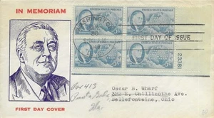 1946 FDC, #933, 5c Franklin D. Roosevelt, Fidelity/McIntyre M-15A, plate block - Bild 1 von 2