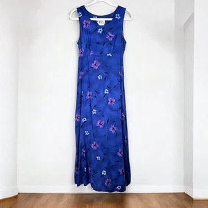 Vintage 90s Floral Corset Tie Back Long Maxi Dress Blue Purple Sleeveless 9/10 - Picture 1 of 10