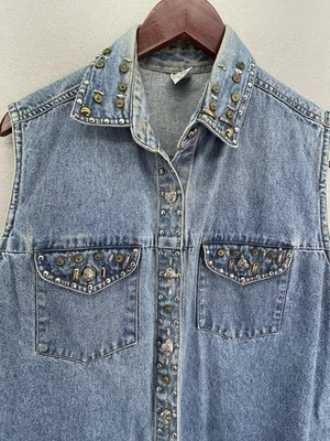 Camisa ocidental jeans vintage sem mangas cravejada simplesmente azul feminina botão G - Imagem 1 de 4