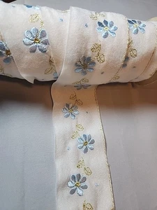 VTG 7+ Yards 2.25" W Swiss Embroidered Insertion Fabric Blue+Green Floral White - Picture 1 of 4