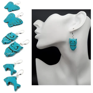 Earrings Turquoise Blue Howlite Owl Butterfly Dangle Drop Gemstone Boho Chakra - Picture 1 of 43