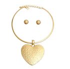 Gold Plated Hammered Heart Pendant Rigid Choker Drop Fashion Necklace Set 16"