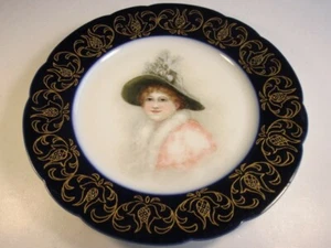JPL Limoges Victorian Lady Bust Portrait Plate Cobalt Blue & Gold Border - Picture 1 of 5