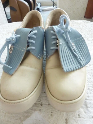 Foot-Joy Soft-Joys 高尔夫鞋女式米色皮革钉蓝色 Kilt 尺寸 6 1/2 B — 第 1/4 张图片