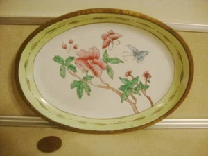 Collectible Chinese Enameled Porcelain Trinket Yellow Oval TRAY Brass Butterfly! - Picture 1 of 4