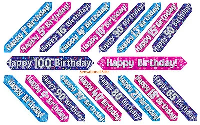 9ft - 2.7m Eleganza Holographic Foil, Birthday Banner, Pink, Blue & Purple
