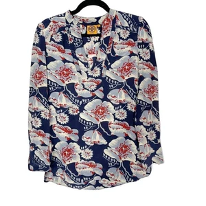 Blusa Top Tory Burch Talla 2 Azul Marino Gris Rojo Estampado Floral Manga Larga Seda - Imagen 1 de 10