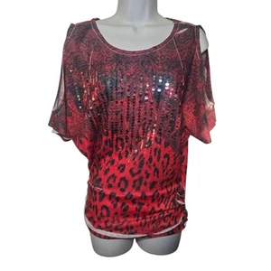 Vtg Y2K SequinBat Wing Open Shoulder Red Leopard Paisley Scrunch Side Top XS - Picture 1 of 5