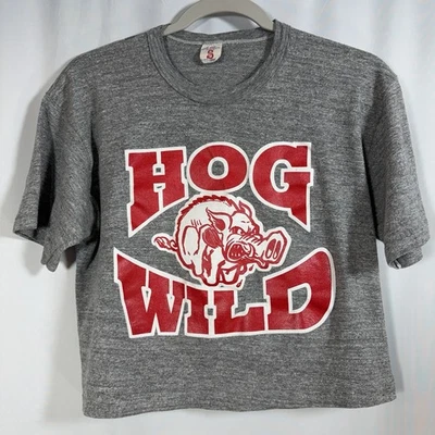 VTG 80s Soffe Athletic Arkansas Hog Wild Cropped Half TShirt Gray Adult L Muscle - Image 1 of 4