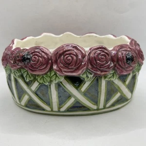 Vintage Hand-Painted Ceramic Rose Planter with Ladybugs, Lattice Design - Picture 1 of 11