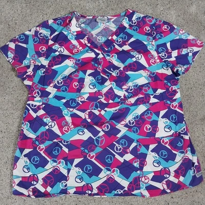 Greys Anatomy Scrub Top 2XL Aop Colorful Peace Symbols Cotton - Image 1 of 4