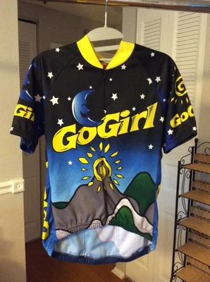 "Go Girl" Crescent Moon Mountains Multicolor Bicycle Cycling Jersey Ladies Large - Image 1 of 2