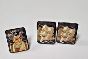 VintageToshikane Japan Sterling Silver Porcelain Kabuki Mask Cufflinks & TieTack - Picture 1 of 15