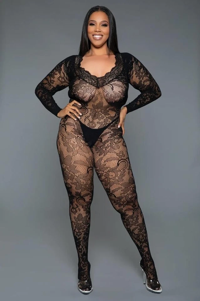 sexy BE WICKED sheer FLORAL lace LONG sleeve SCALLOPED plunging NET bodystocking - Image 1 of 1