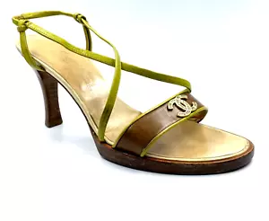 Vintage CHANEL Olive Green Brown Leather CC Logo Kitten Heel 39.5 8.5 Sandals - Picture 1 of 7