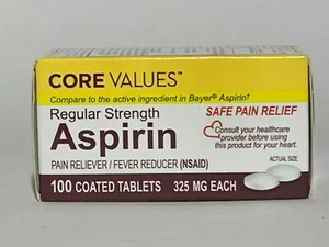 Core Values Aspirin, 325 mg, Safe Pain Relief, 100 Tablets, Exp 03/24 - Picture 1 of 5