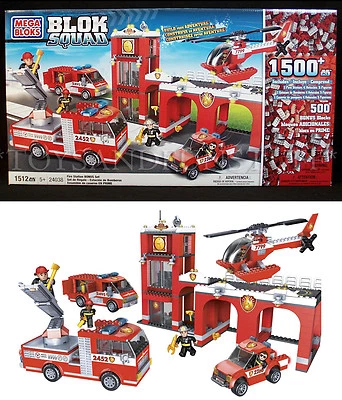 FIRE STATION Set BLOK SQUAD Mega Bloks 24038 FIREMEN Helicopter 2000+ Building - Image 1 of 4
