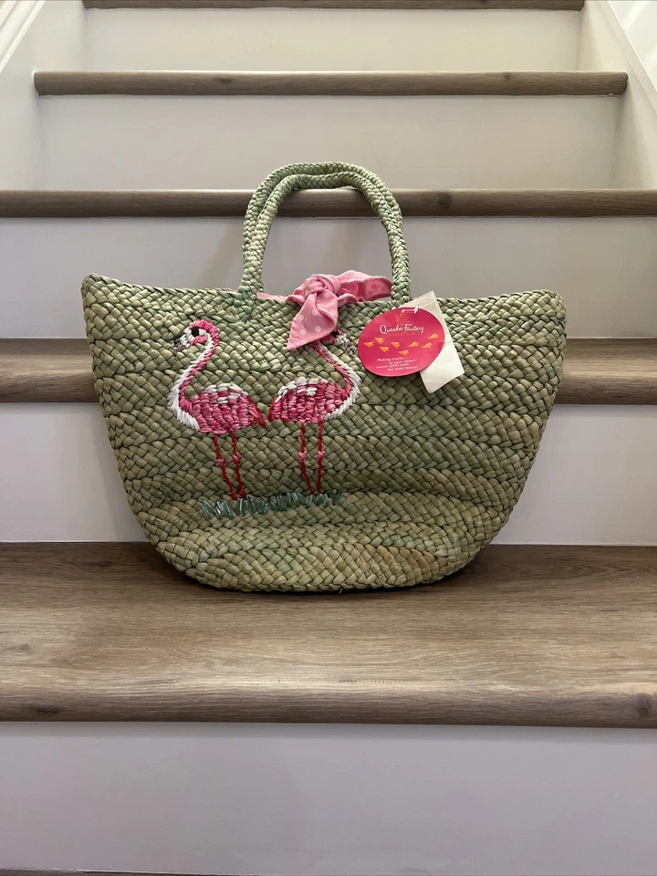 Jeanne Bice Quacker Fábrica Rosa Flamencos Paja Cartera Bolso de Mano Bolso de Playa Foto 1 de 4