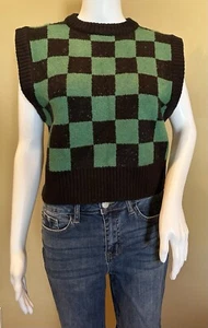 Forever 21 Sweater Womens Large Green Black Plaid Grunge Cropped Tanjiro - Picture 1 of 5