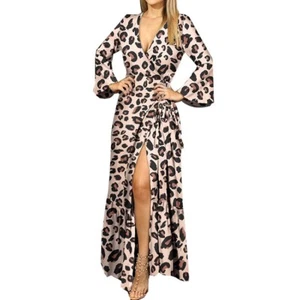 Bell Sleeve Sexy Wrap Maxi Dress-Animal Print - Picture 1 of 3