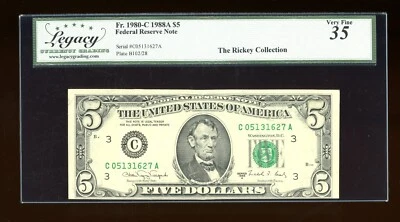 DBR 1988-A $5 Philadelphia Fr. 1980-C Legacy 35 Serial C05131627A - Image 1 of 2