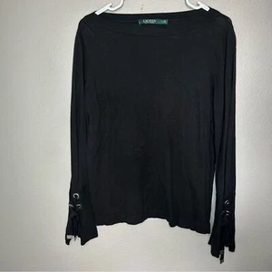 Lauren Ralph Lauren black lace up bell sleeve boat neck knit sweater size medium - Picture 1 of 6