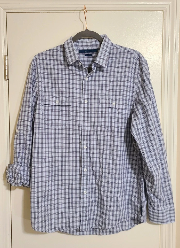 Camisa informal a cuadros manga larga de algodón azul claro calce ajustado Perry Ellis para hombre L Foto 1 de 2