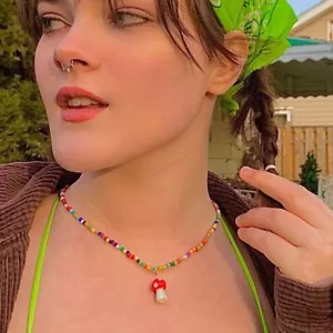 Colorful Beads Mushroom Shape Dangle Pendant Necklace Dainty Chain Jewelry - Bild 1 von 8