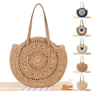 Mujer Boho Tejido Bolso de Mano Playa Bolso de Paja Redondo Ratán Bolso de Hombro - Imagen 1 de 16