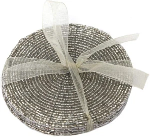 Set 4 - Sottobicchieri con Perline ARGENTO - Tavola Natale/Matrimonio/Anniversario -10cm - Foto 1 di 1